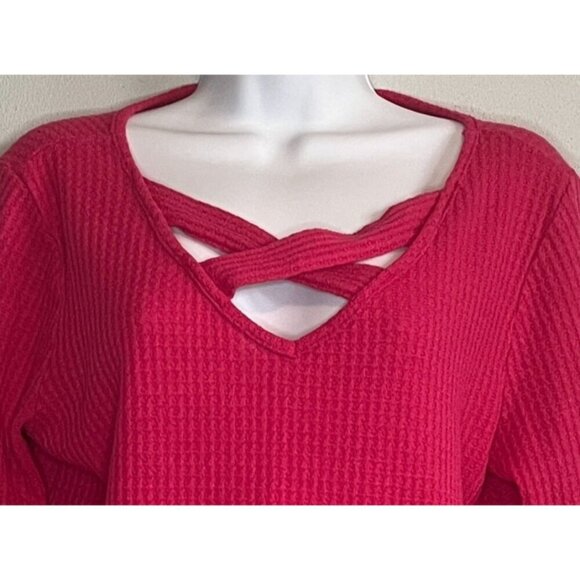 BiBi Womens Hot Pink Long Sleeve Waffle Knit Top V-Neck Small Made in USA - Picture 3 of 8